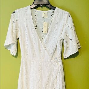 Japna Size Small Eyelet Dress Coverup White Wraparound Tie Mini